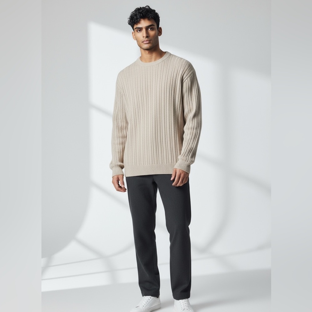 PURE CASHMERE Vintage Men's Ribbed Cream Crewneck Sweater